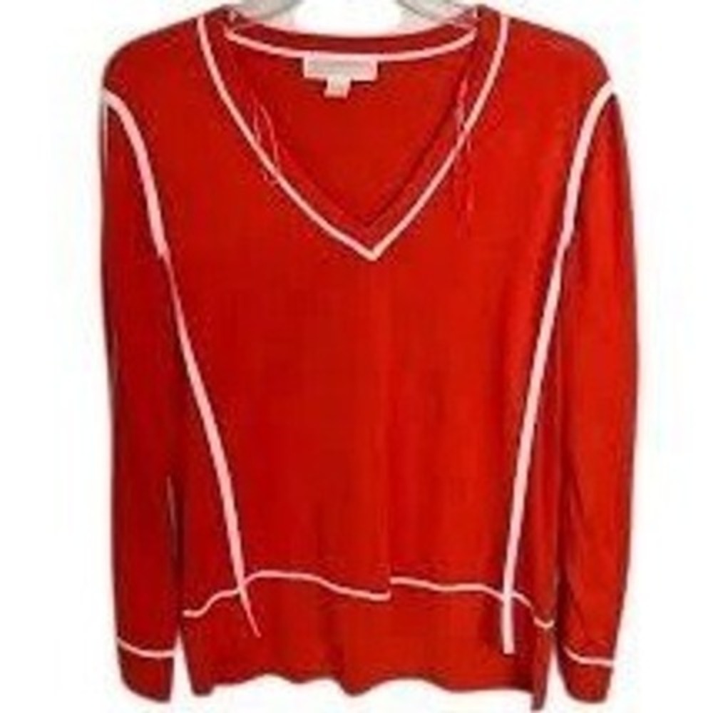 Michael Kors Women's‎ Red V-Neck Sweater White Contrast Trim